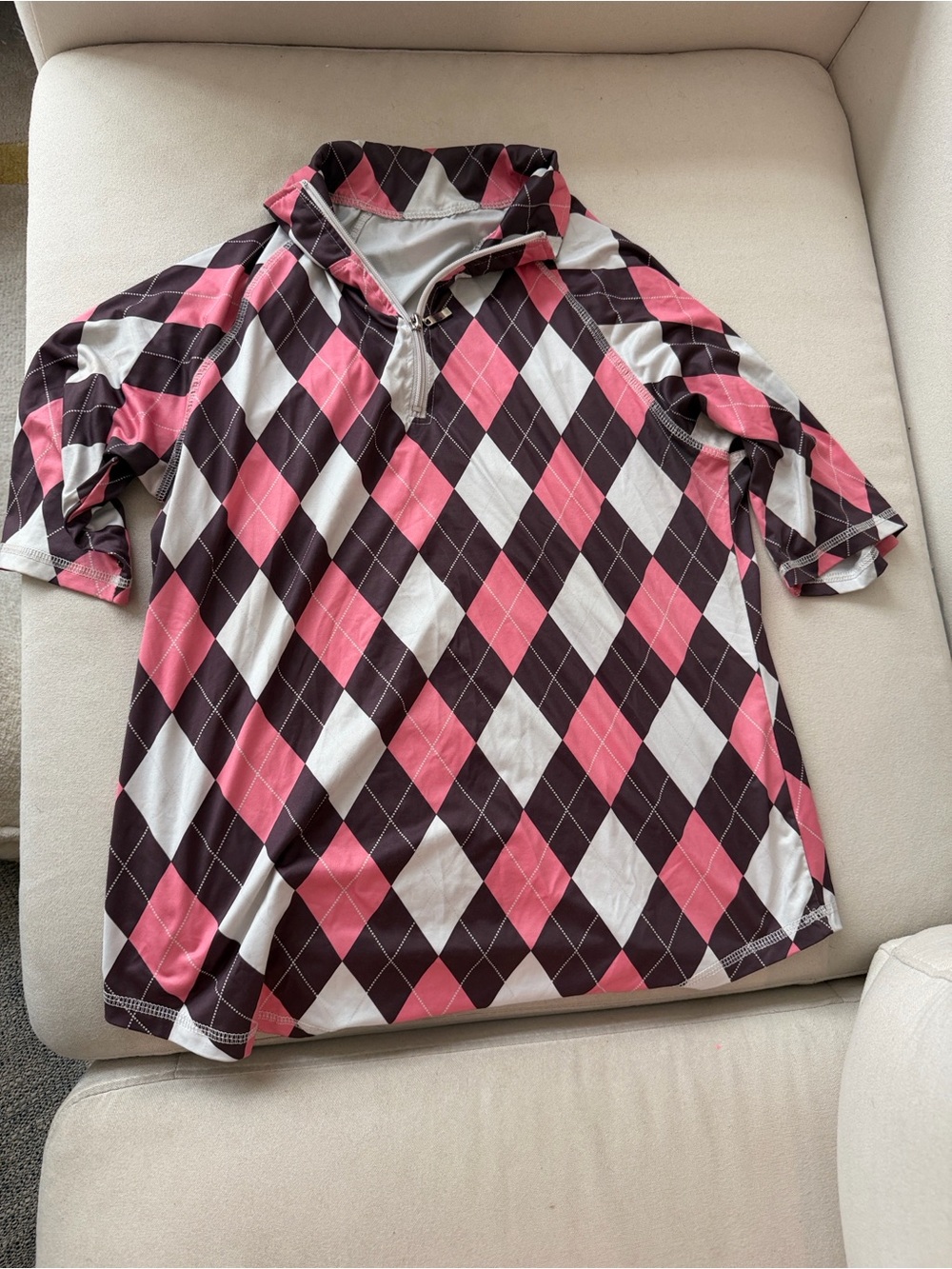Women's Argyle Quarter-Zip Pullover in Pink, Black & White